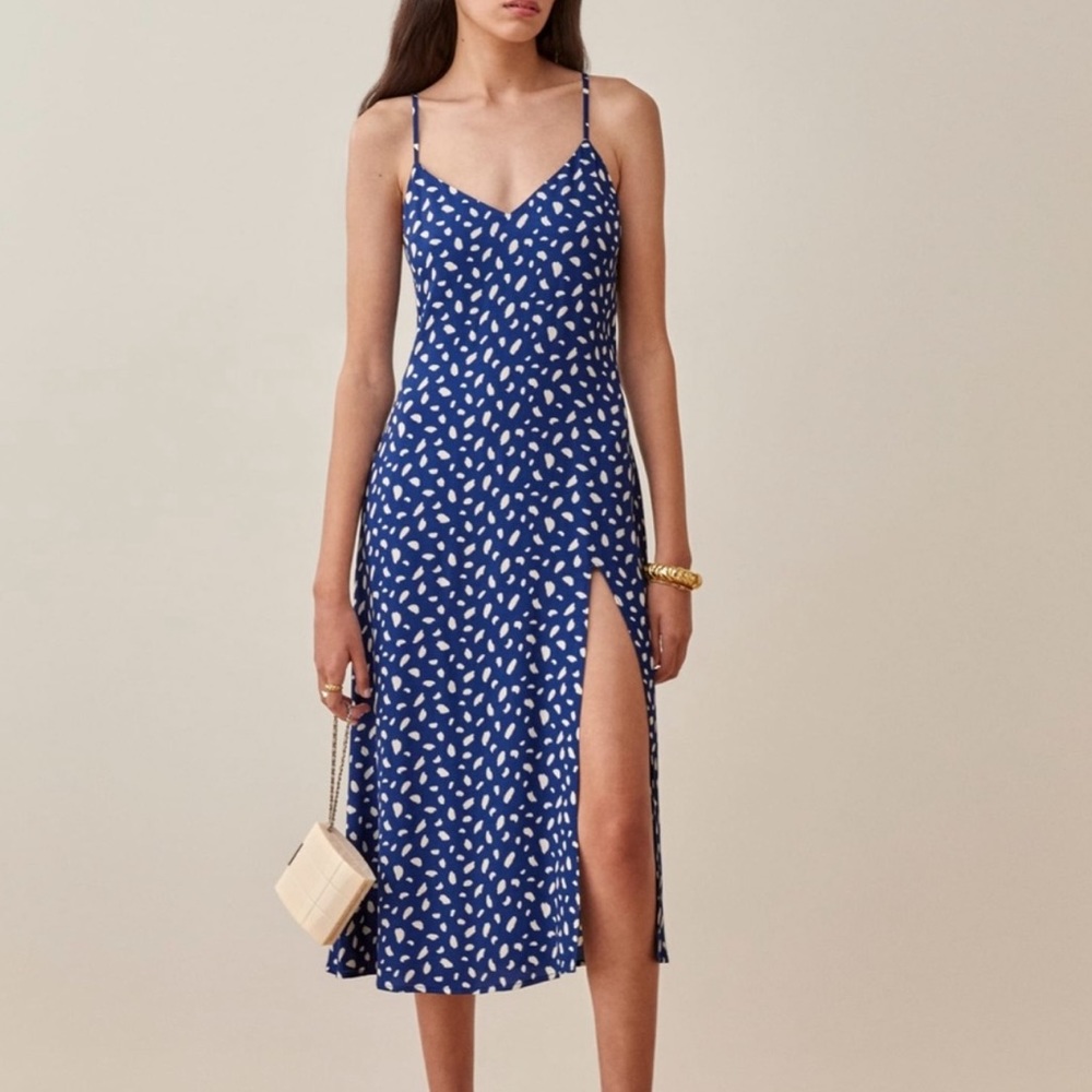 Reformation royal blue print midi dress with slit